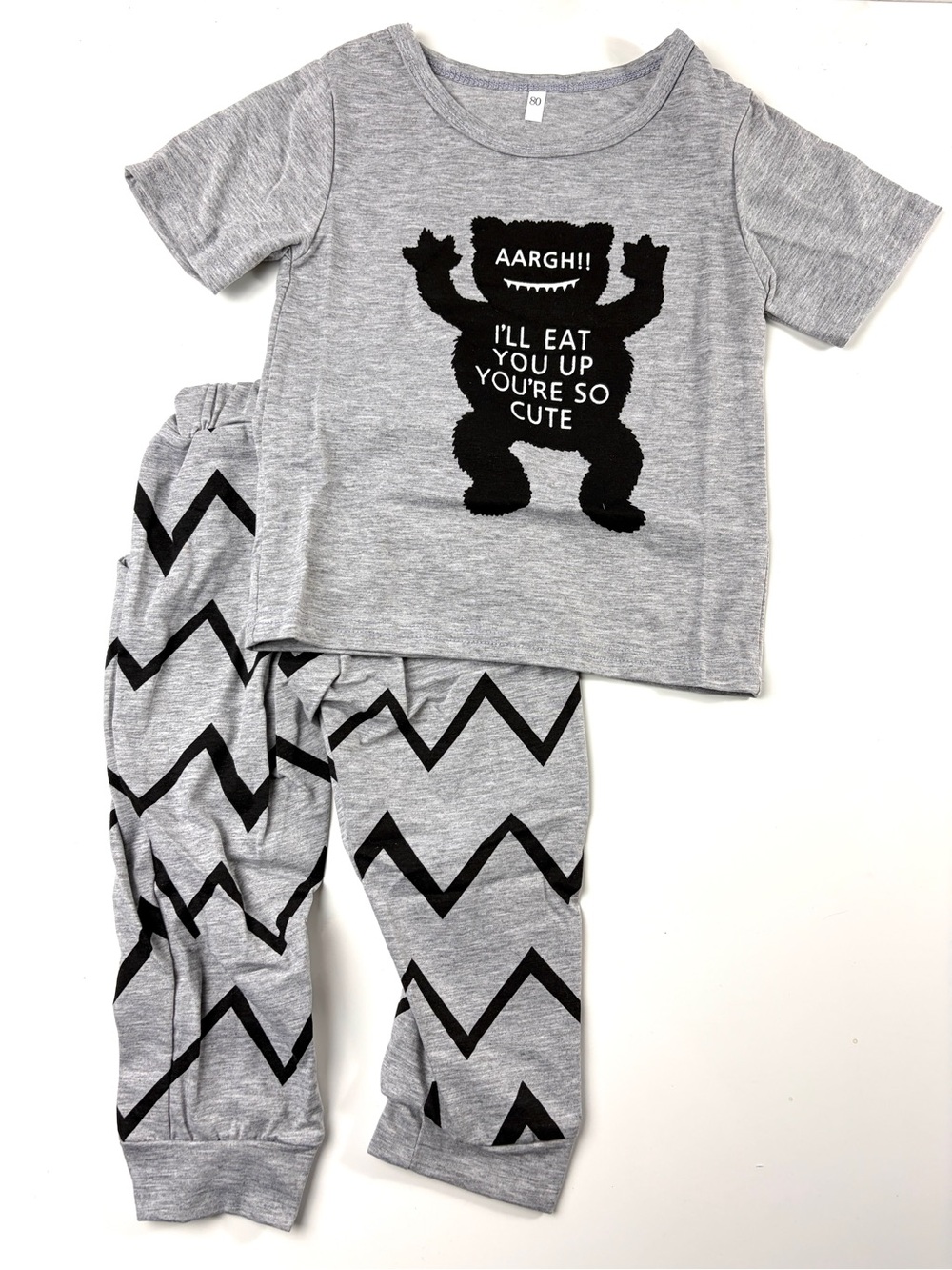 Monster 2-pc Toddler Gray Short Sleeve Top & Chevron Stripe Pants, Sz 12-18mo